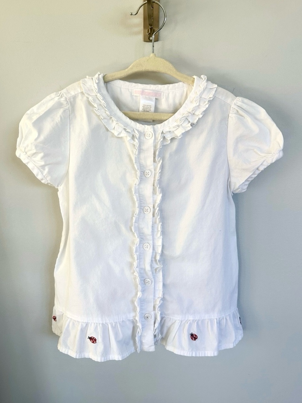 Janie and Jack Girls Size 6 White Ruffle Button Top Ladybug Embroidered Cotton